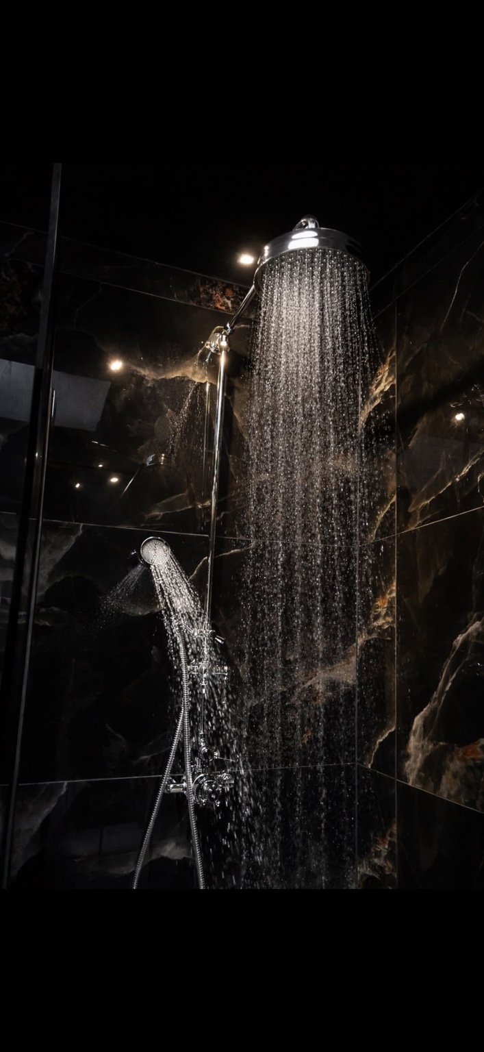 Chrome rainfall shower in black tiled enclosure