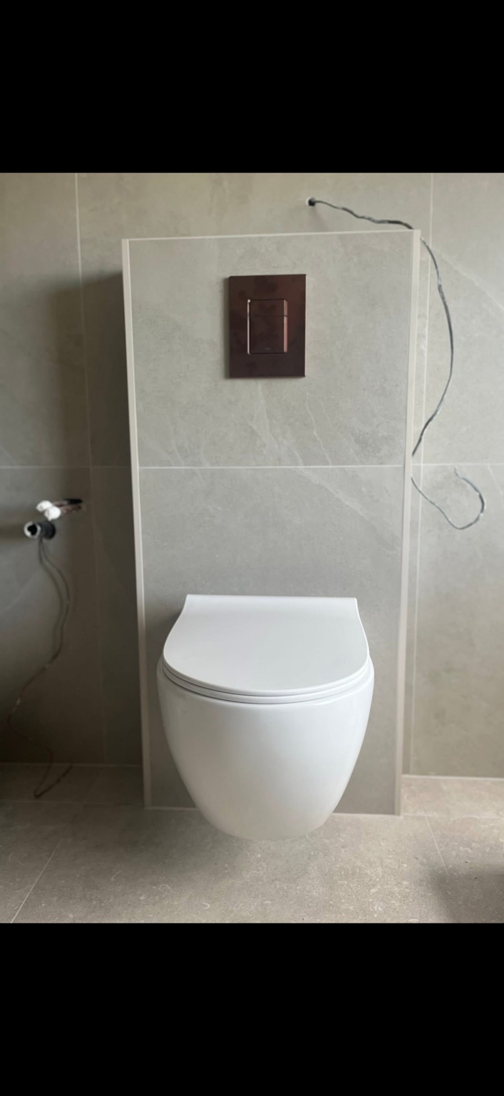 Wall hung toilet installation in a tiled bathroom